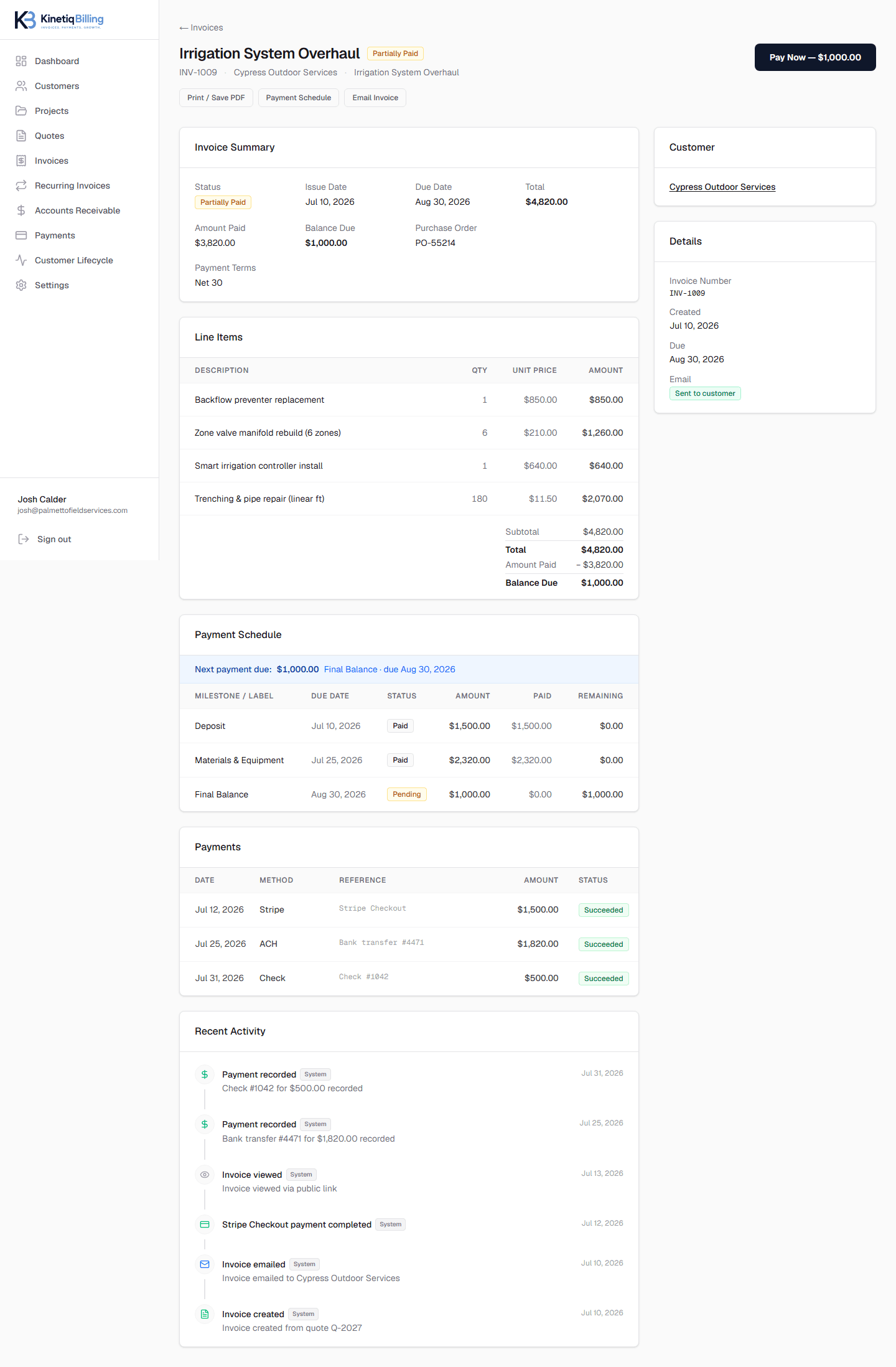 Invoice screen in KinetiqBilling